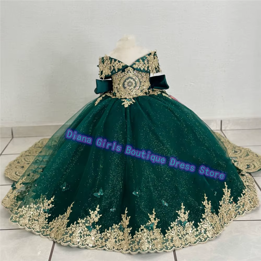 Robe de soirée en tulle moelleux pour petite fille, robe de demoiselle d'honneur verte, appliques dorées, fête d'anniversaire, robe personnalisée, qualité magnifique
