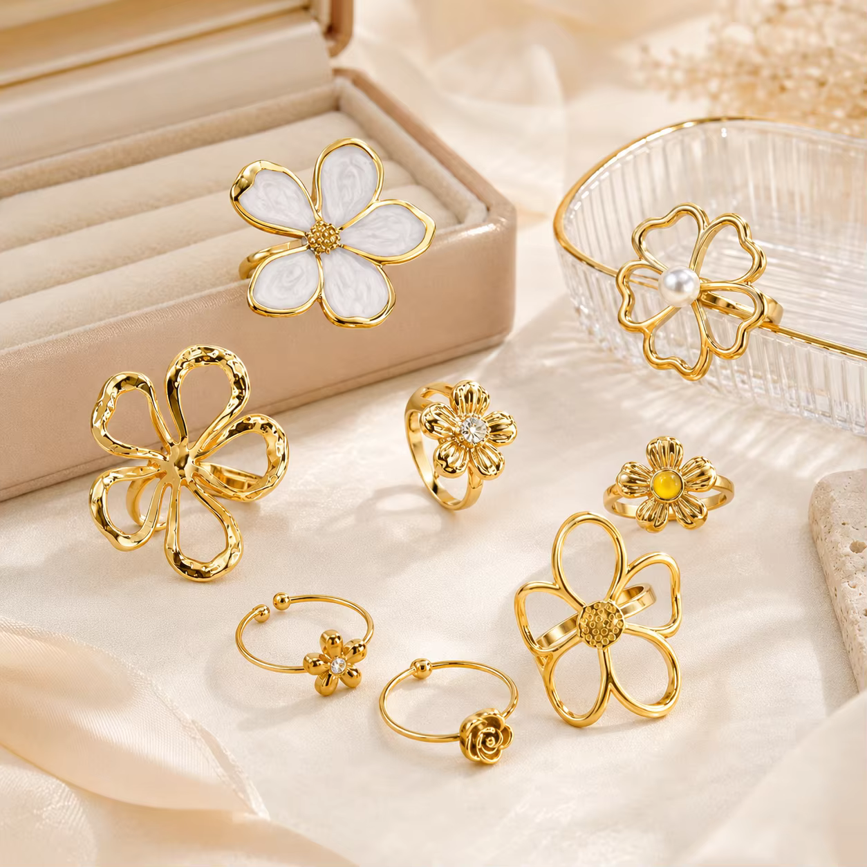 Bagues fleuries, style vintage français, plaqué or 18 carats, grande bague florale ajourée, bijou esthétique ouvert et ajustable pour femme