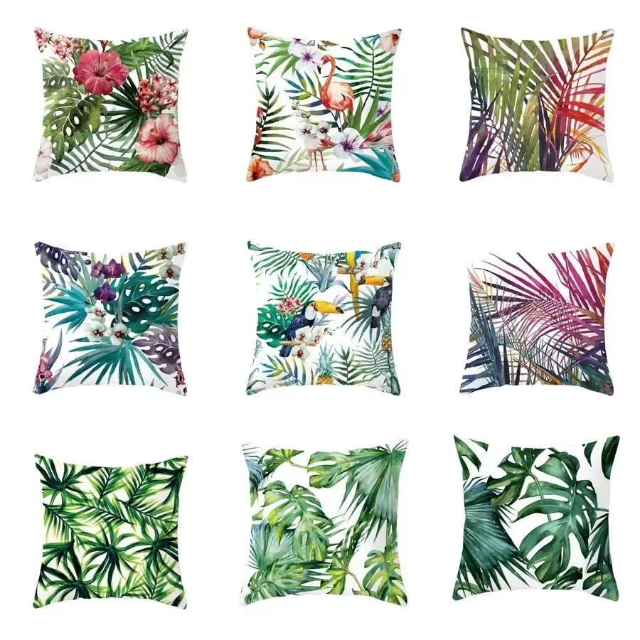 Housse de coussin avec motifs de plantes tropicales d'été et de feuilles vertes