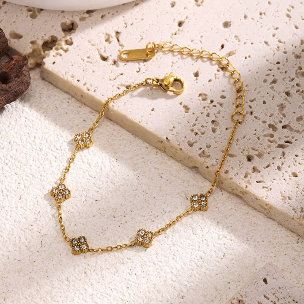 Bracelet de luxe en zircon couleur or avec motif floral - Bijoux en acier inoxydable pour femme, hypoallergénique, idéal pour cadeau et accessoires de fête