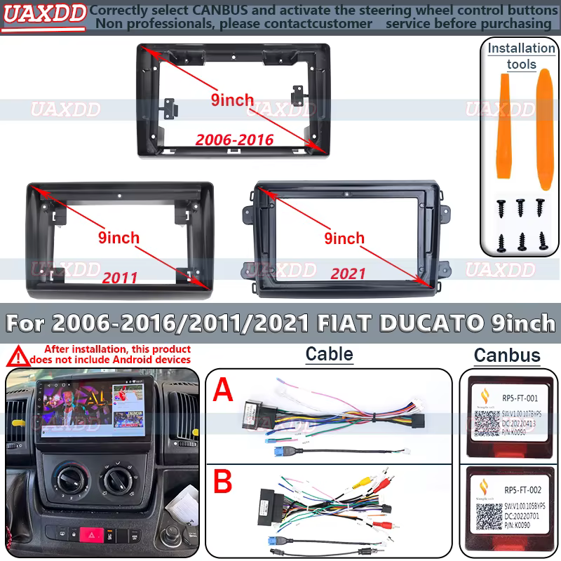 Pour Fiat Ducato 2006-2021, cadre d'autoradio Android 9 pouces 2 DIN, panneau de tableau de bord, faisceau de câblage, adaptateur, lecteur multimédia, décodeur Canbus