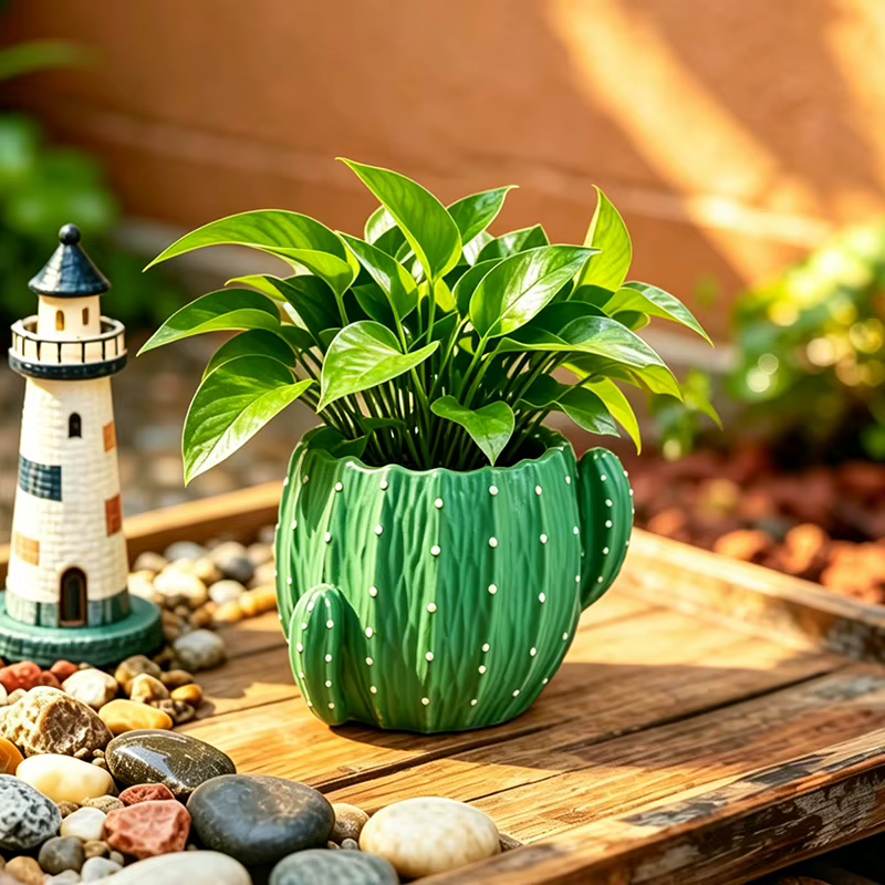 Petit pot de fleurs en résine en forme de cactus vert de dessin animé pour plantes succulentes