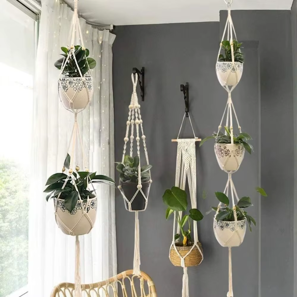 Support de pot de fleurs suspendu en corde de coton style bohème