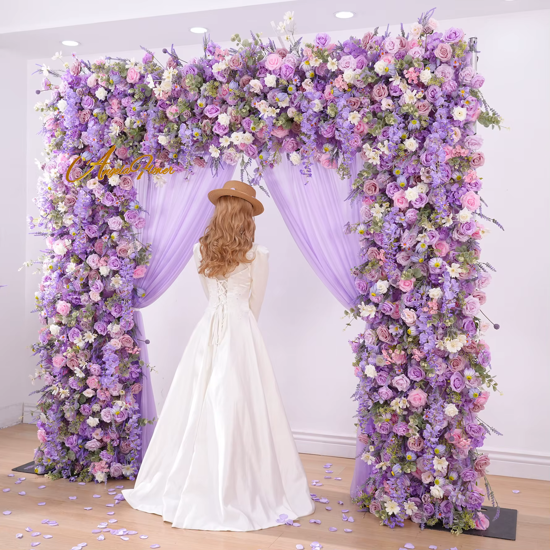 A8950 rêveur violet lavande Rose Delphinium tissu Base fleur rangée mariage toile de fond décor carré arc cadre Arrangement Floral