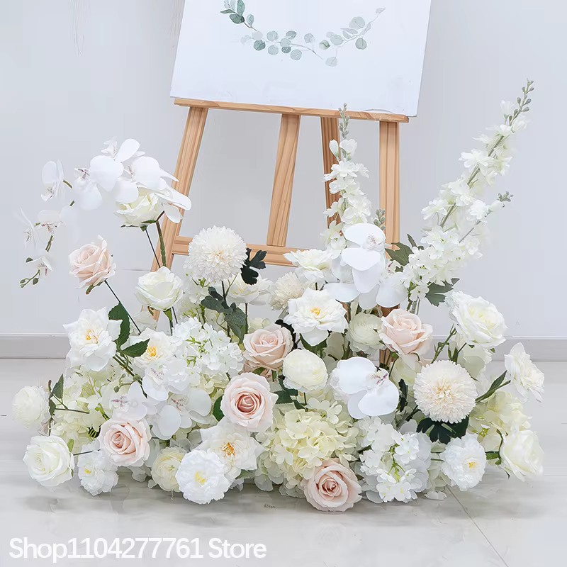 Arrangement floral blanc Rose hortensia plancher artificiel rangée de fleurs toile de fond de mariage souffle de bébé événement fête guide routier affichage