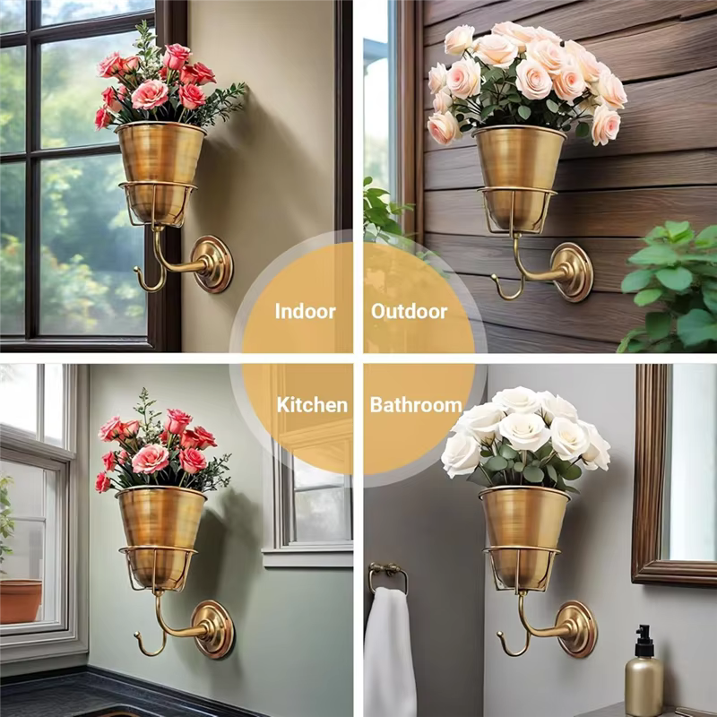 A26F-Vase mural avec jardinière murale en fer avec crochet polyvalent-support pour plantes intérieure/extérieure adapté aux fleurs vivantes ou artificielles