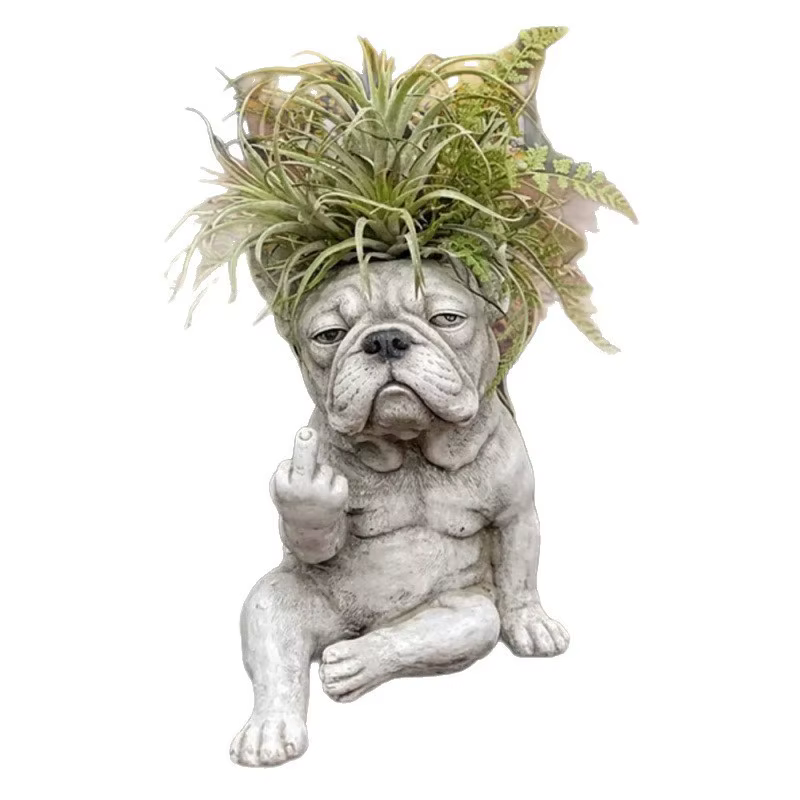 Pot de fleurs en résine en forme de bouledogue français grincheux