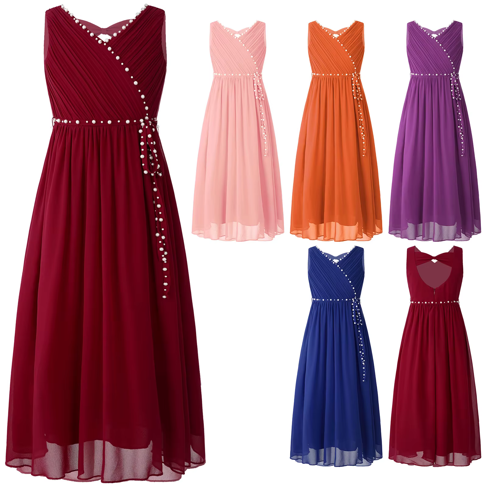Robe à fleurs pour filles, élégante robe de soirée en mousseline de soie perlée, froncée, col en V, sans manches, avec nœud découpé, pour demoiselle d'honneur, mariage