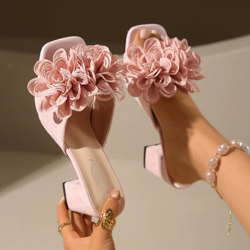 Femmes fleur pantoufles à talons hauts chaussures de marche décontractées femme été mode robe sandales en plein air rose peu profond Zapatillas Mujer