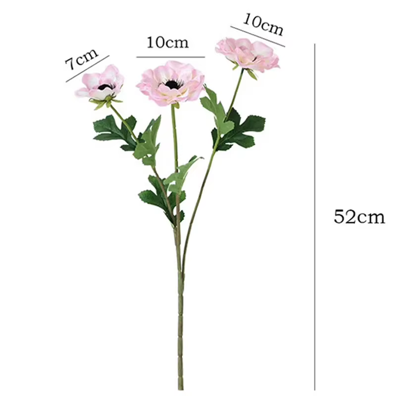 52CM 3 têtes longues Branches coquelicots en soie anémone fleur artificielle fête de mariage décor noël maison jardin décoration guirlande