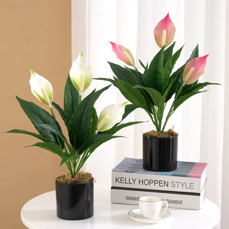 Yannew 4 pièces fleurs artificielles Spathiphyllum pour l'extérieur plantes en soie résistantes aux UV verdure bonsaï jardin porche décoration de la maison