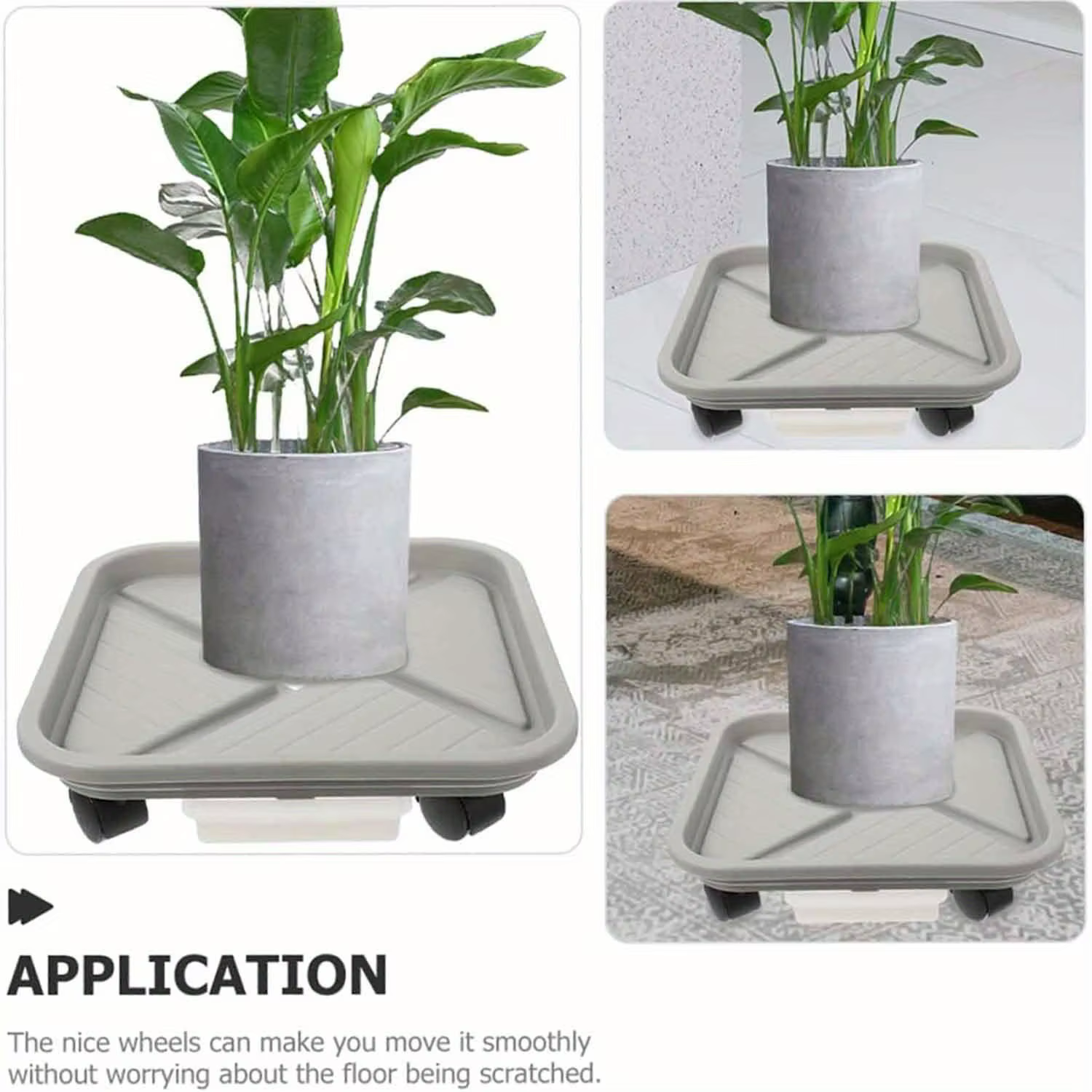 Une cage à boules pour plantes avec quatre roues et un plateau de drainage