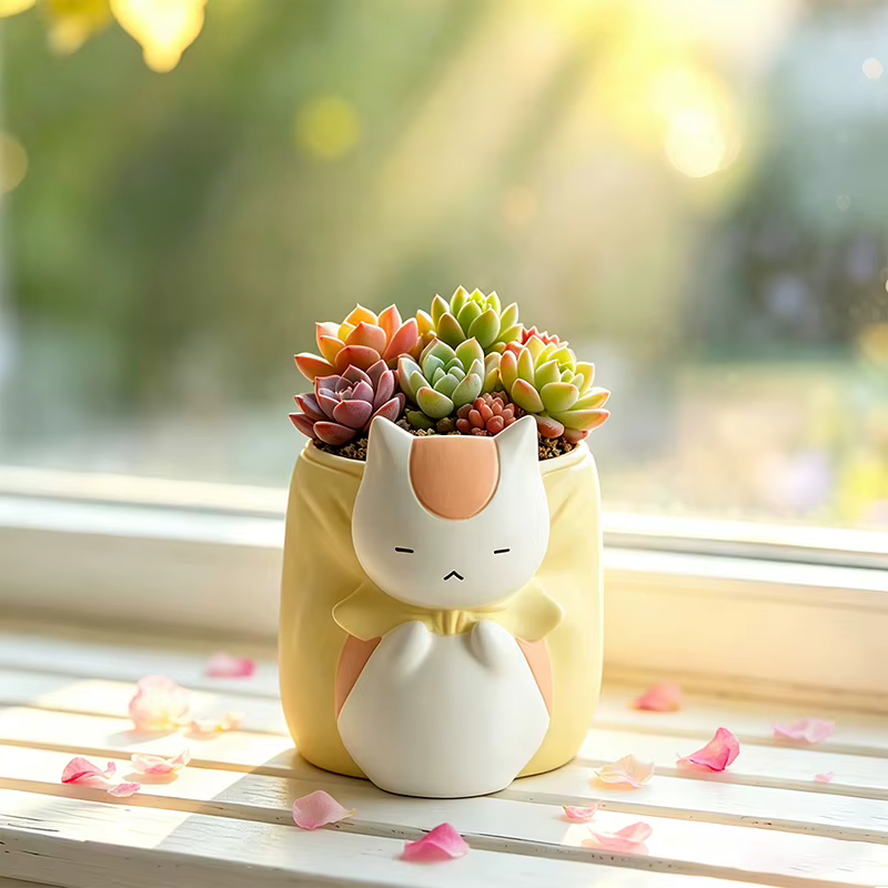 Pot de fleurs en résine chat bouffon endormi
