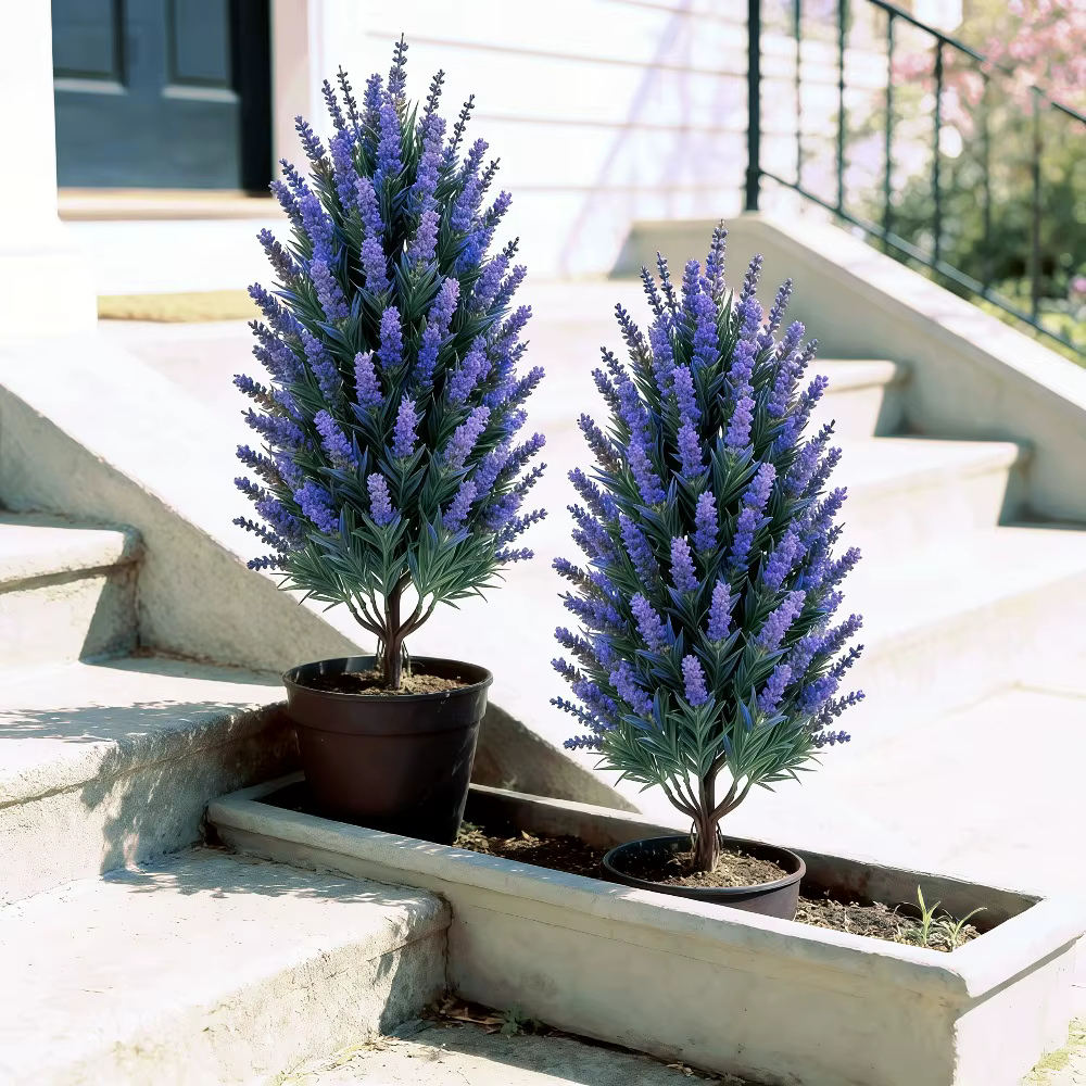 2 arbres artificiels de lavande violette pour extérieur avec piquets de fixation pour toiles de fond de mariage