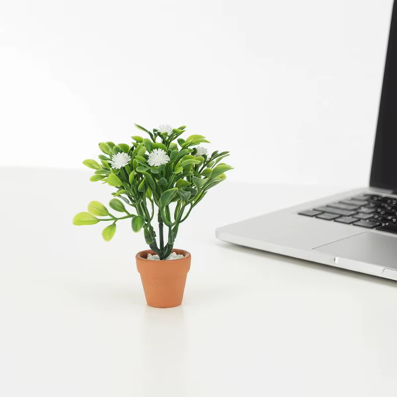 Miniature de fleur blanche et de plante verte en pot