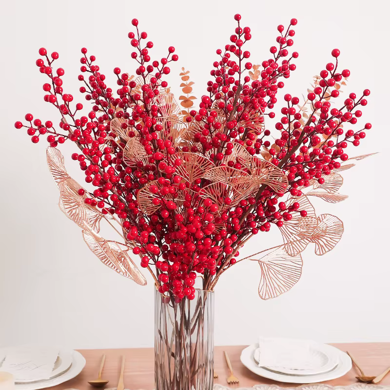 Bouquet de fleurs de baies rouges artificielles branche d'étamine fausse plante pour décor de chambre à la maison