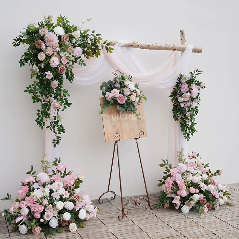 Série rose blanc avec panneau de bienvenue vert