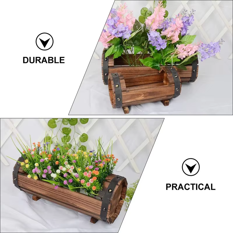 Jardinière demi-baril en bois naturel-1Pc Pot de fleur en bois rétro