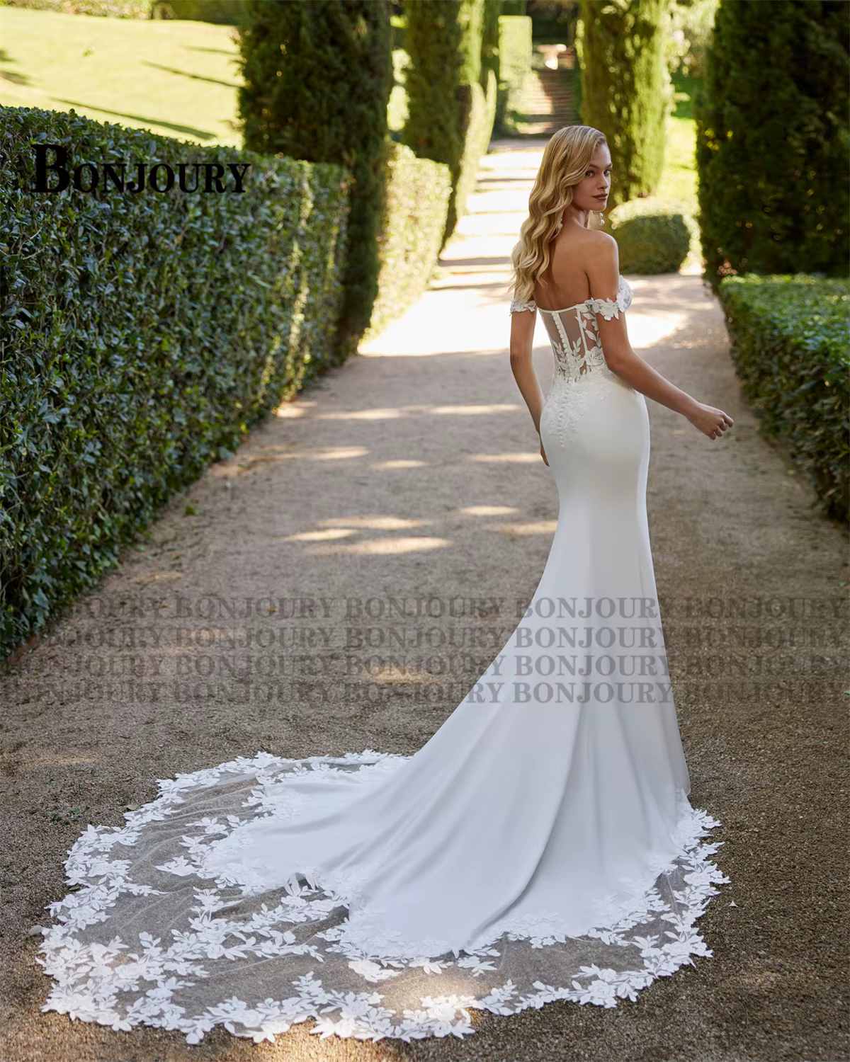 BONJOURY robe de mariée gracieuse pour mariée hors de l'épaule trompette Appliques bouton fiançailles Suknia Slubna personnalisé