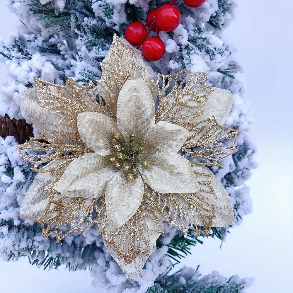 Paquet de 24 décorations de fleurs artificielles de noël Poinsettia en tissu pour arbre