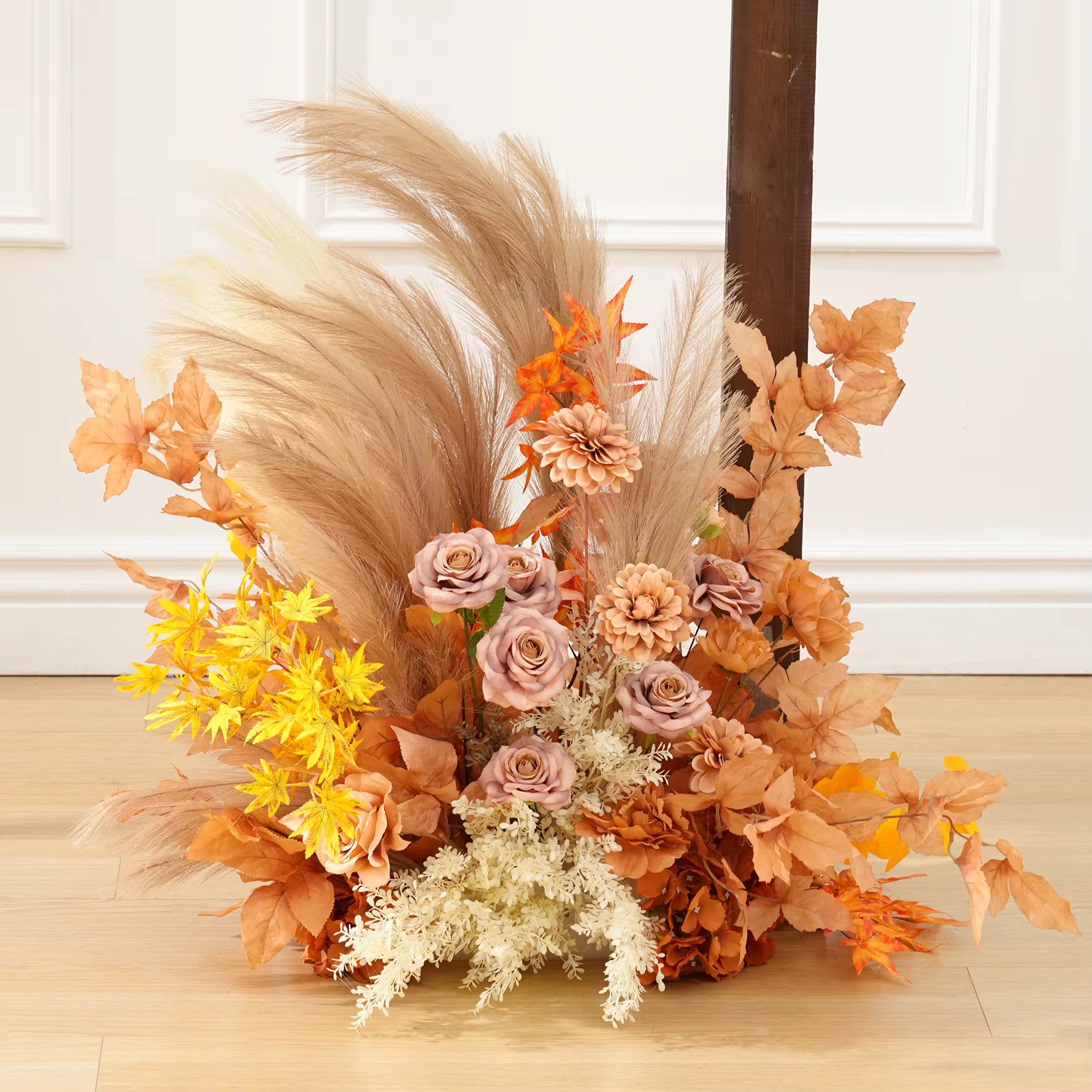 C8985 automne café Rose Pampas herbe feuilles accrocher Arrangement Floral mariage toile de fond décor allée fleur florale Photo fournitures