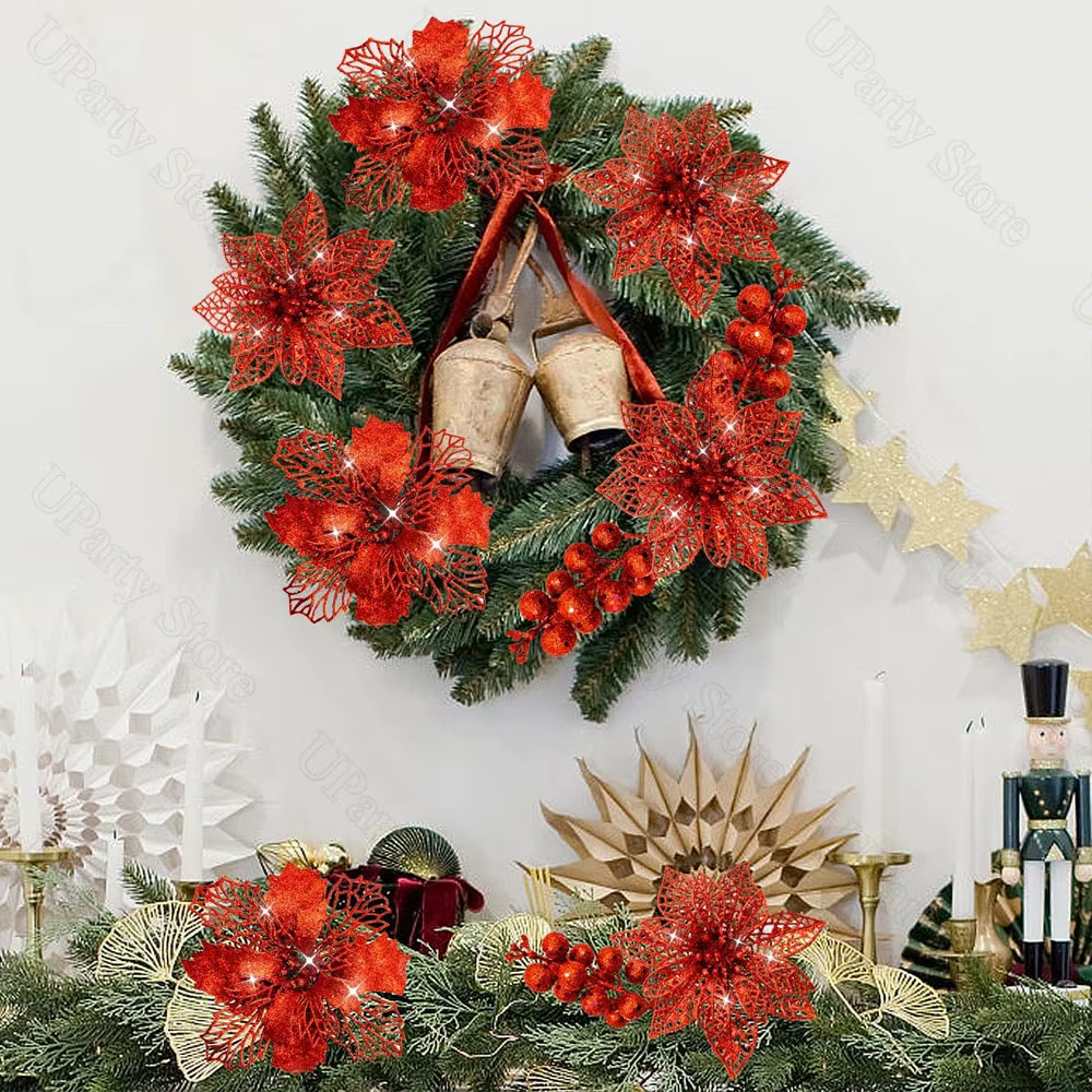 12 pièces Poinsettia fleurs de noël avec Clips paillettes or
