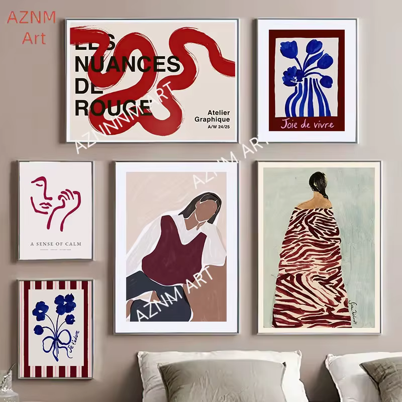 Affiches et impressions abstraites de visage de fille à rayures rouges et à fleurs