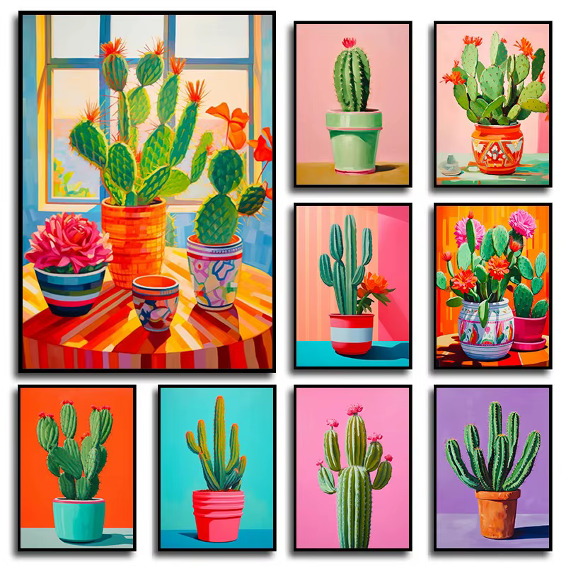 Vase à fleurs de Cactus coloré abstrait aquarelle