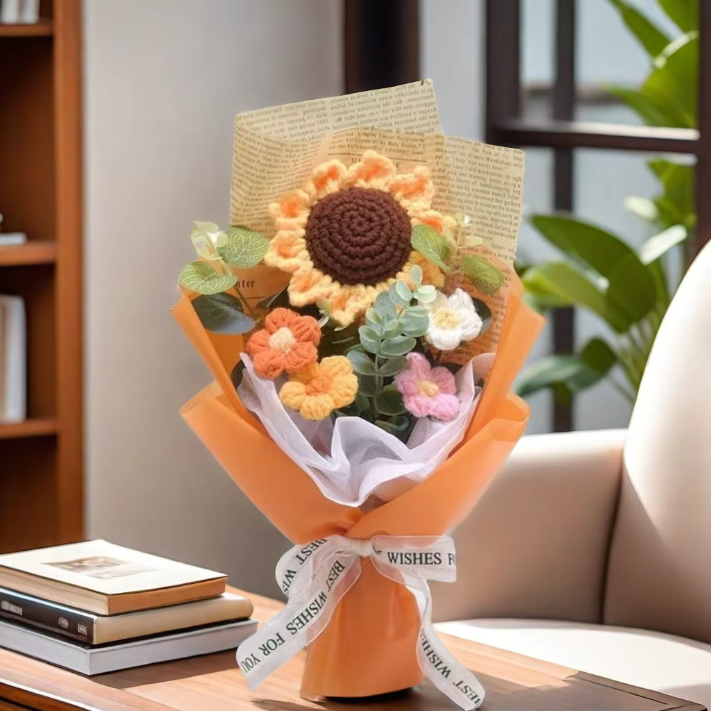1pc Bouquet au Crochet, Efun fait à la main tournesol marguerite Bouquet saint valentin anniversaire mariage fête des mères cadeau d'anniversaire