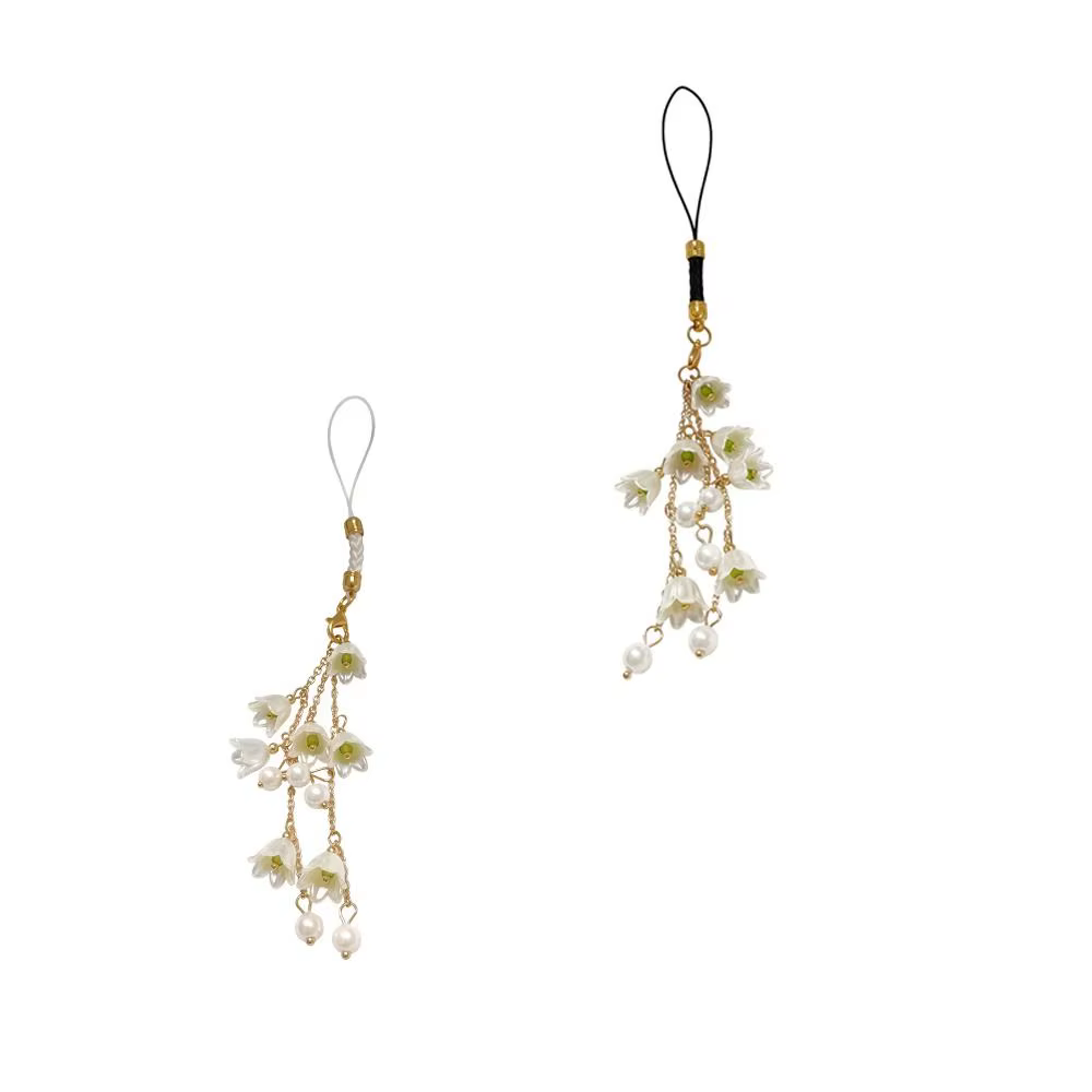 Porte-clés élégant avec grappe de fleurs, ornements, pompon de perles, pendentif fleur douce, décoration de clé