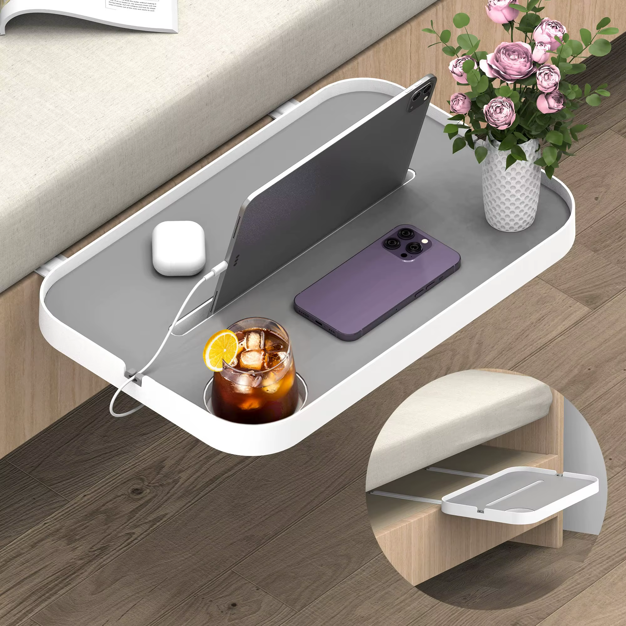 Étagère de chevet pour lit, Table de chevet sous matelas, organisateur de chambre à coucher, rangement de lit, plateau de chevet pour boîte, lit à ressorts