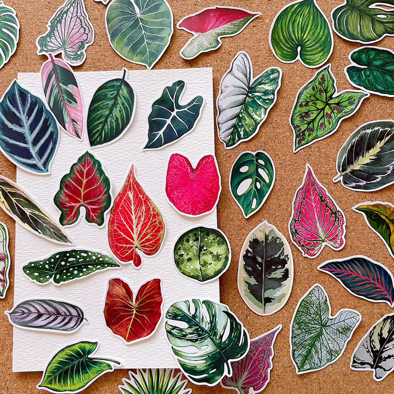 50 autocollants mignons en forme de feuilles de plantes pour carnet