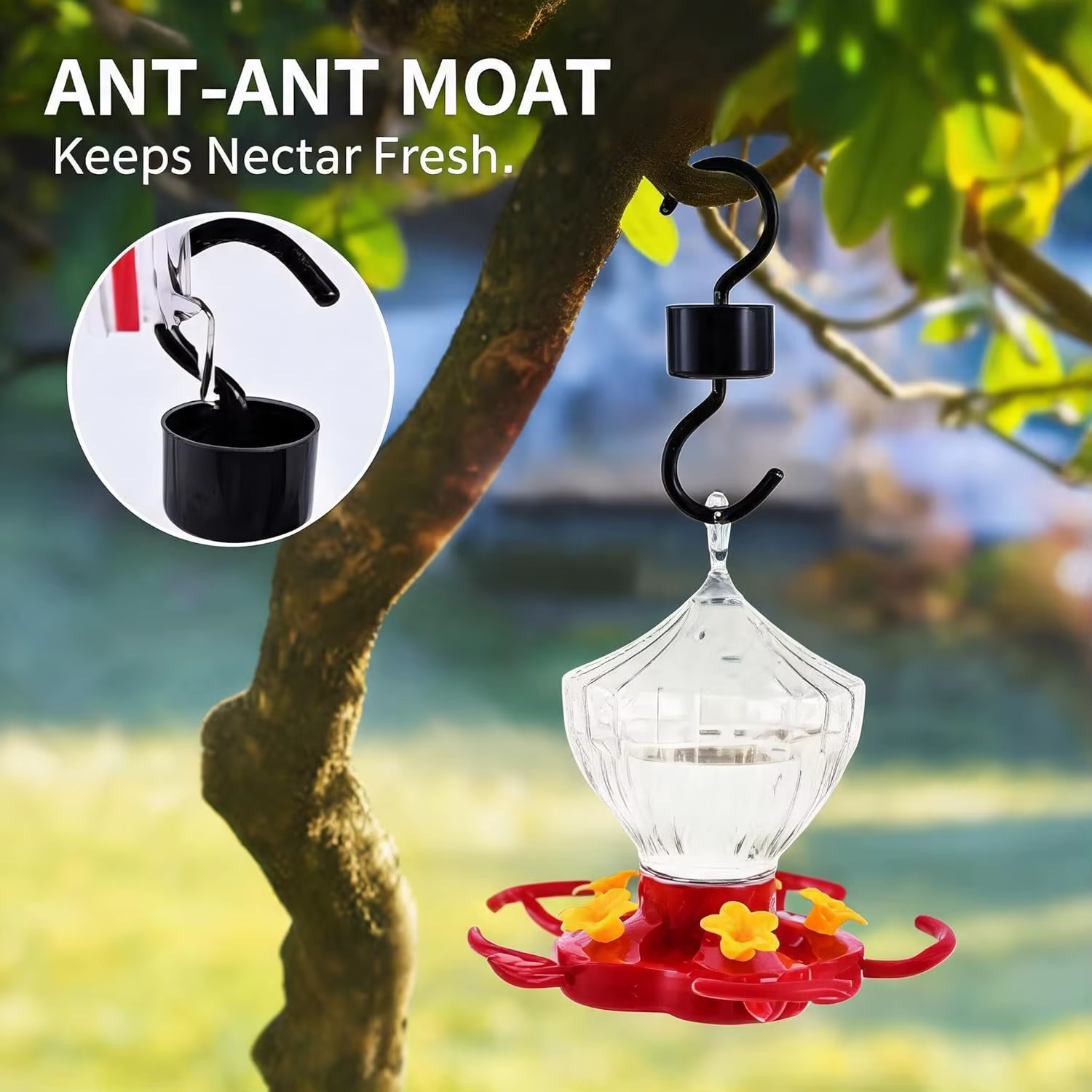 Mangeoire pour colibris de 8 oz, distributeur d'eau suspendu pour cour extérieure avec 5 ports floraux et perchoirs pour jardin