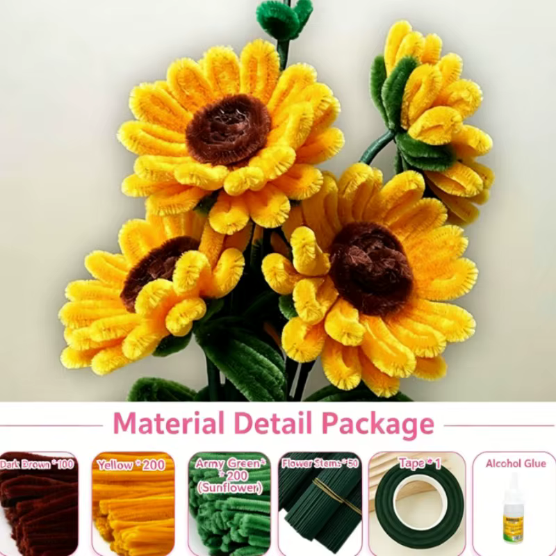 Kit de Matériaux DIY pour Bouquet de Fleurs en Chenille Douce et Moelleuse