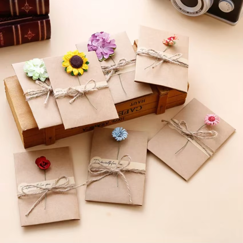 Carte de vœux à fleurs séchées en papier Kraft