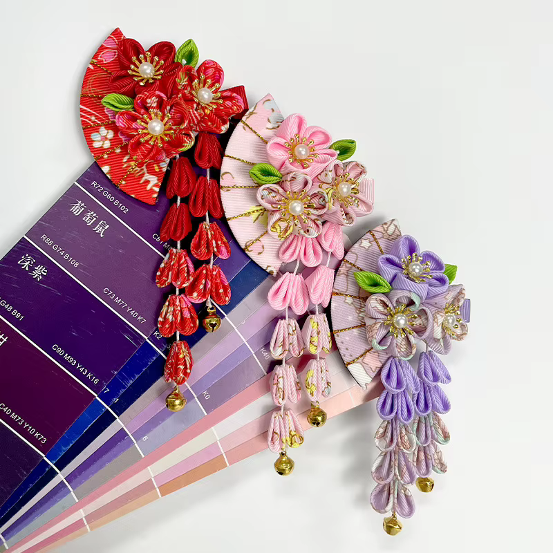 Couvre-chef kimono japonais, tissu fait à la main, pompon et couleur vent, bandeau assorti, pince à cheveux, éventail, accessoire pour cheveux, clip de bord