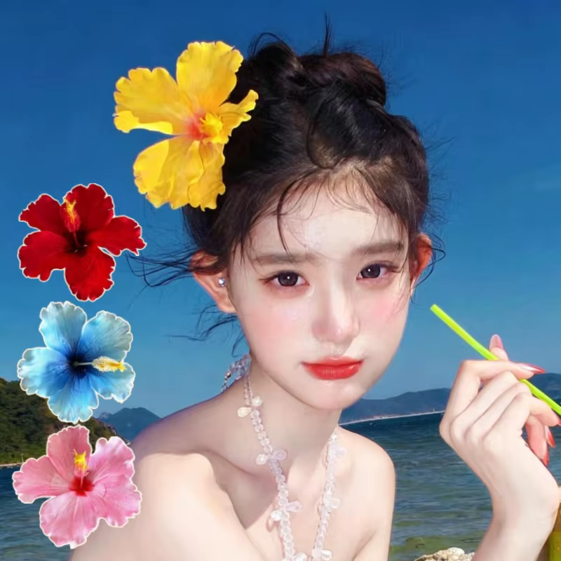Pince à cheveux fleur d'hibiscus, barrette florale tropicale hawaïenne, accessoires de cheveux bohèmes pour femme, pour l'été, la plage, les vacances, les mariages