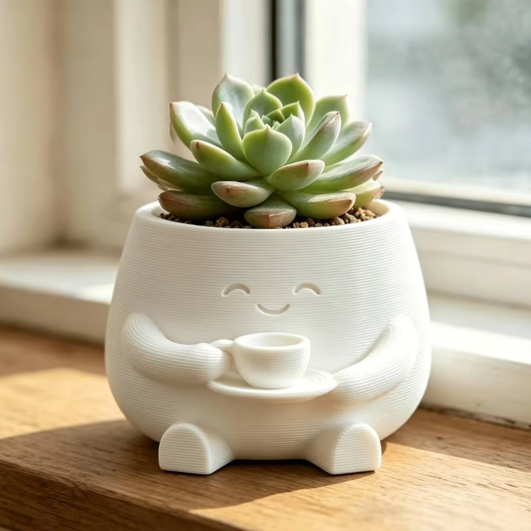 1PC Pot de fleurs succulentes en forme de tasse à café avec figurine souriante imprimée en 3D