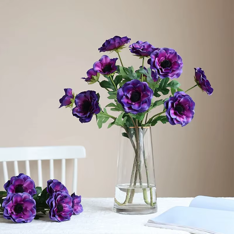 52CM 3 têtes longues Branches coquelicots en soie anémone fleur artificielle fête de mariage décor noël maison jardin décoration guirlande