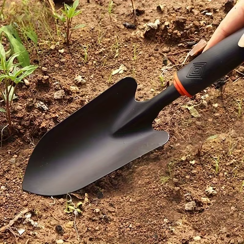 Truelle de jardin en métal avec poignée noire ergonomique et bordure orange – Outil parfait pour la plantation de fleurs et de légumes