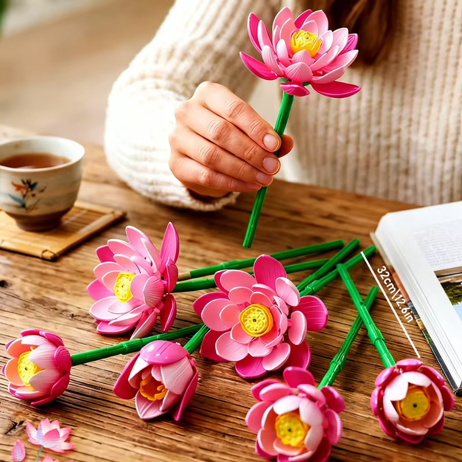 Kit de blocs de construction floraux mixtes : tiges de lotus et pivoines