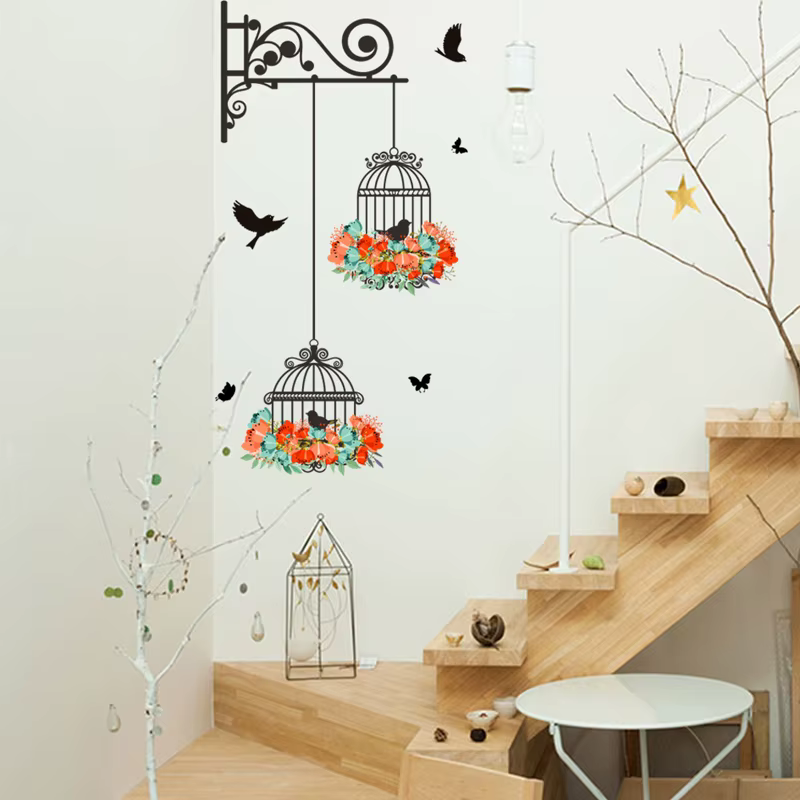 Autocollant Mural Coloré avec Cage à Oiseaux Volants