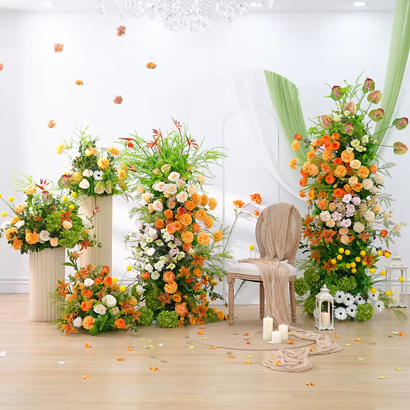 Orange Lily Rose vert plantes mariage toile de fond arc cadre décor fleur rangée allée sol Floral fenêtre affichage scène accessoires H8875