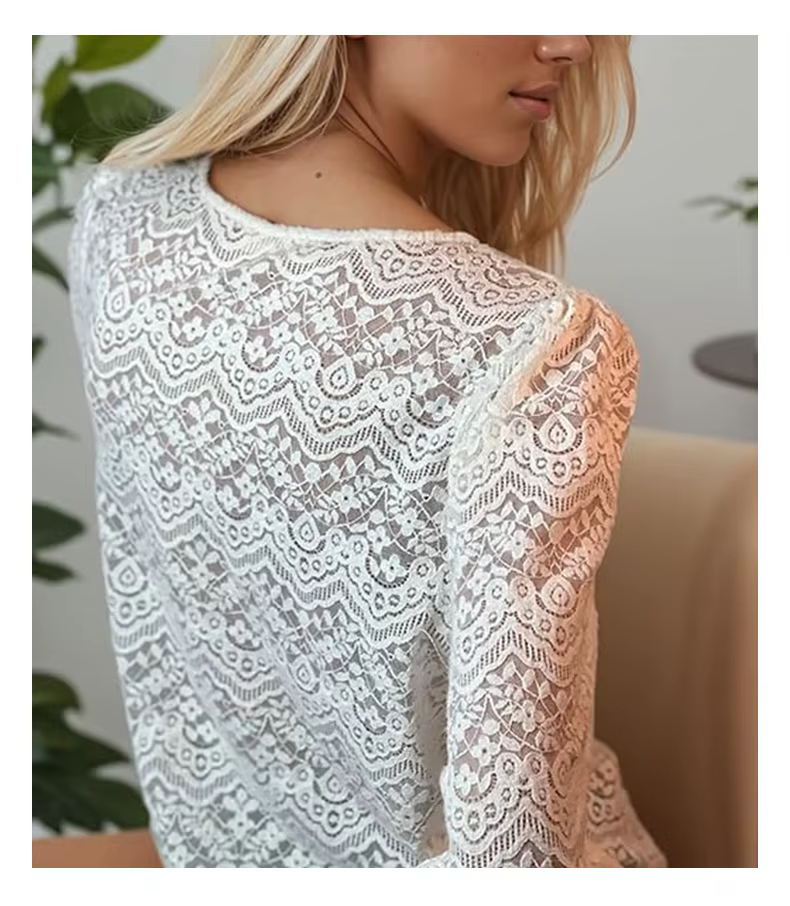 Chemisier en dentelle florale blanche élégante pour femmes, chemises Boho, manches longues, Sexy, col en V, Vintage, dames, chemise décontractée en Y