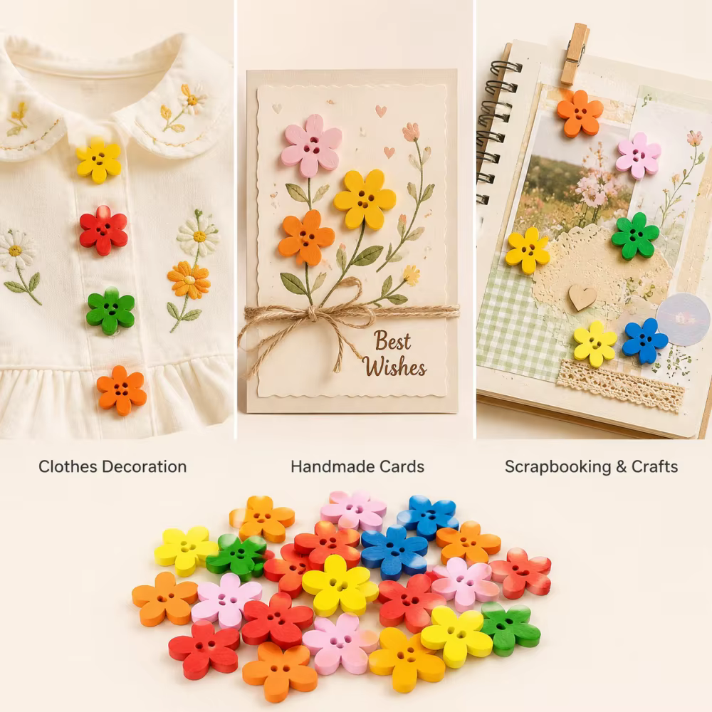 100 boutons décoratifs en bois en forme de fleur