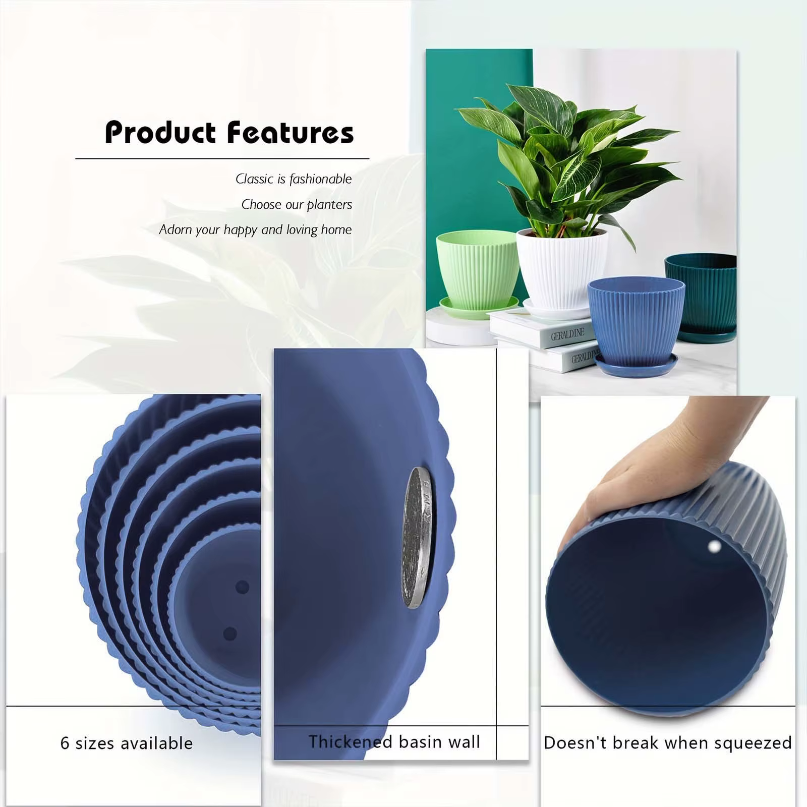 Pot de fleurs à rayures verticales en plastique épaissi avec soucoupe de drainage