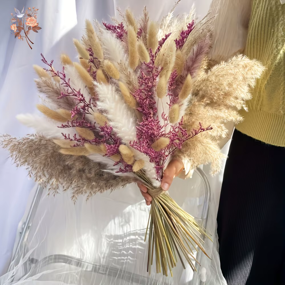 70 pièces moelleux Pampas fleurs séchées violet limonium Boho décor à la maison Vase remplissage bricolage matériel vraie fleur mariage Bouquets de mariée