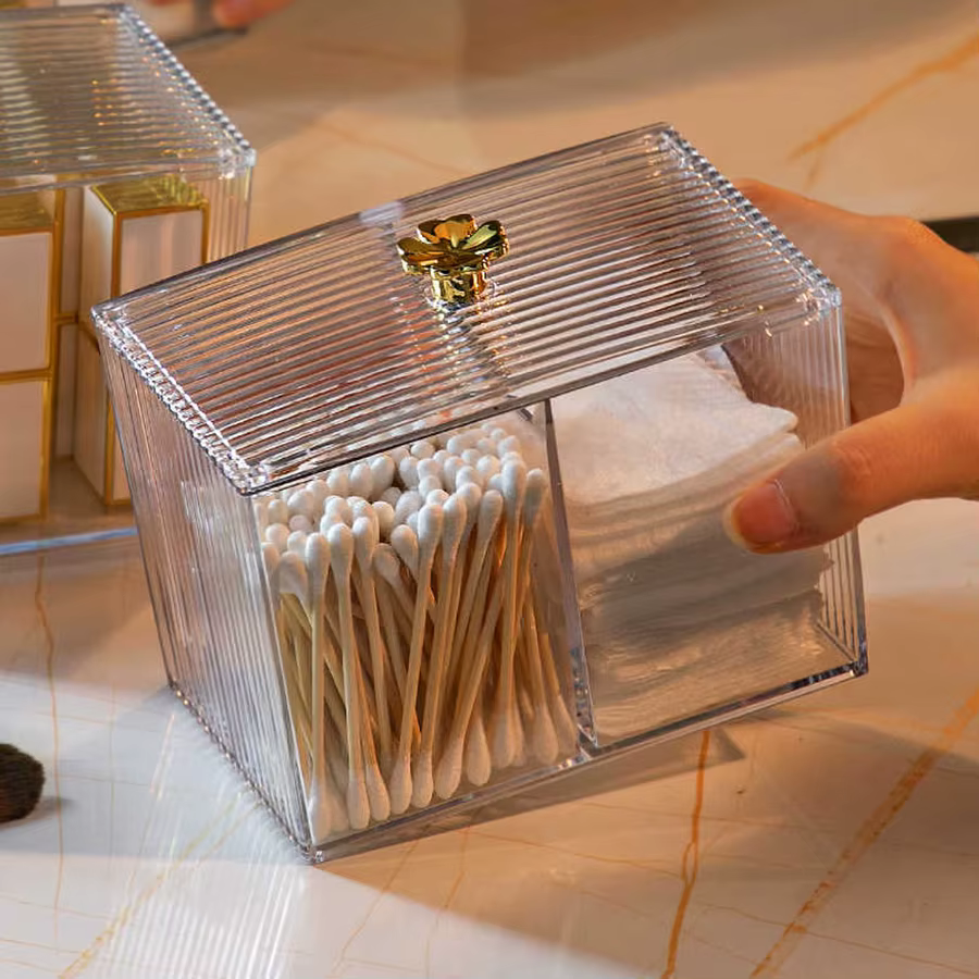 Pot d'apothicaire transparent à 3 sections avec couvercle – Porte-écouvillons en boule de coton Qtips pour l'organisation de la vanité de la salle de bain, distributeur à 3 grilles