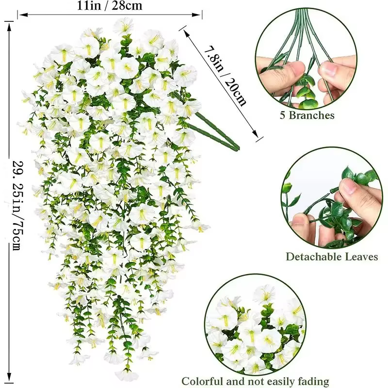 75 cm blanc Crochet fleur artificielle matin gloire tenture murale fausses plantes violettes suspendus