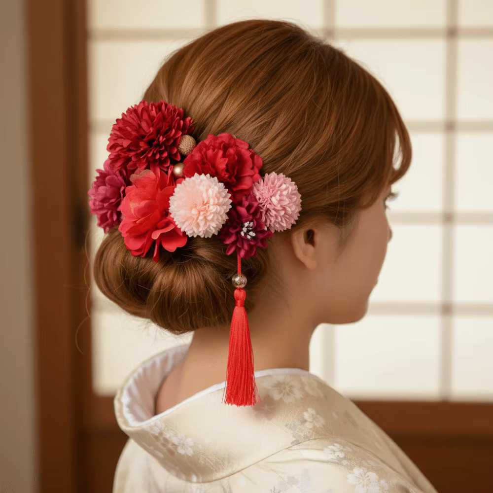 Bijoux Style japonais fleur fourchettes à cheveux à la main fleur japonais Kimono pinces à cheveux tissu Vintage glands bâton de cheveux filles